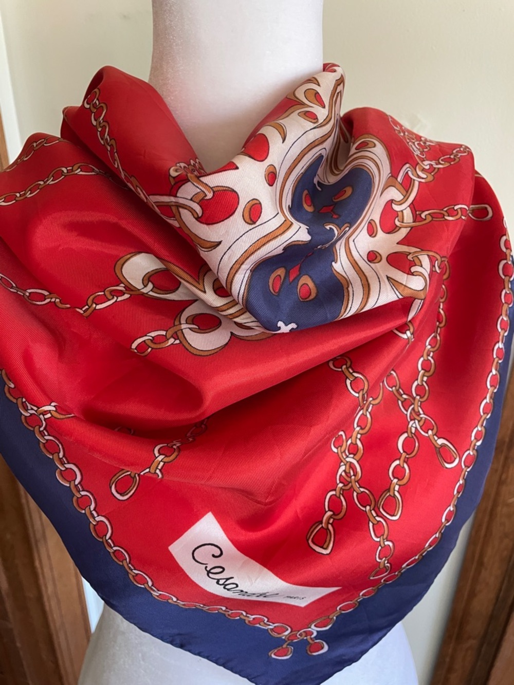 CESANDRE PARIS Signed Red and Navy Chain Print Silk Scarf